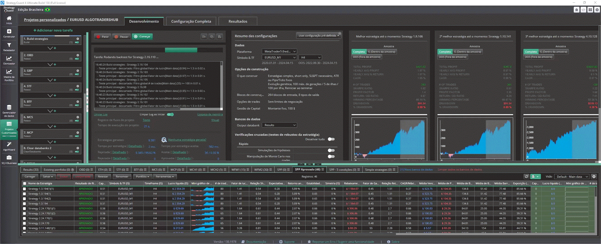 Demonstra&ccedil;&atilde;o animada do StrategyQuant X analisando estrat&eacute;gias de trading